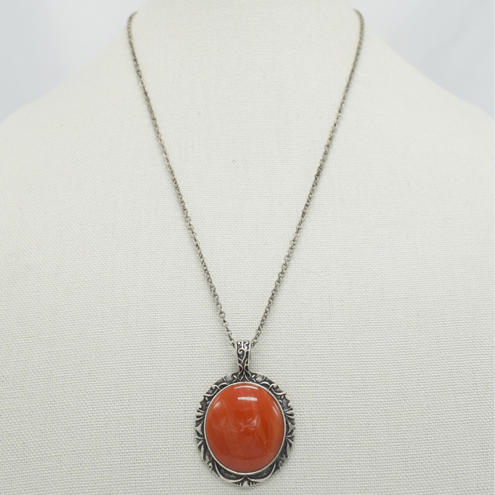 Vintage Style Orange Faux Gemstone Pendant Necklace Antique Silver Boho Whimsy